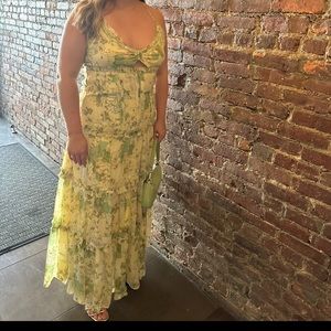 ASOS DESIGN knot front cut out maxi dress w raw edge tiers yellow floral print